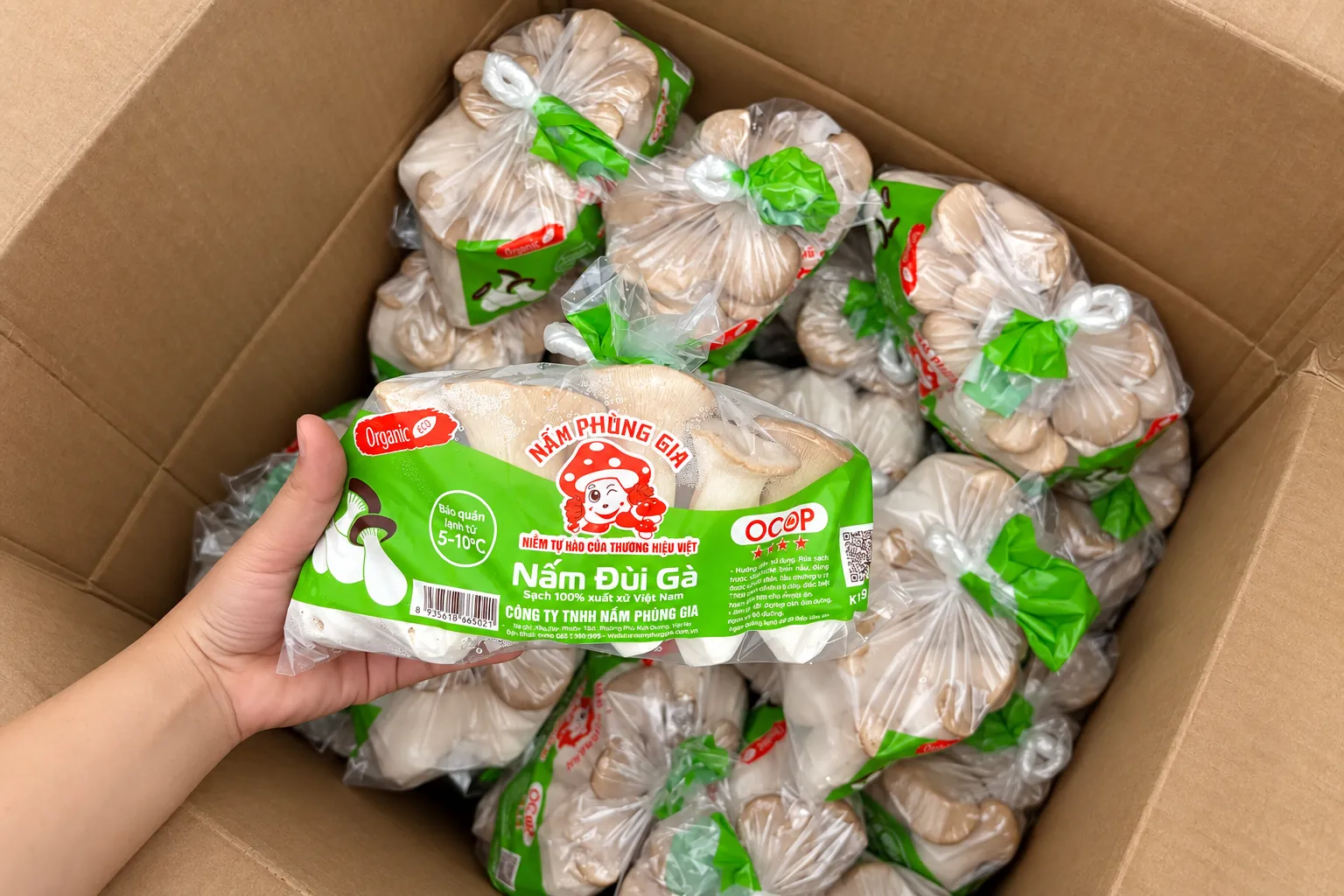 Nấm đùi gà tươi trong bao bì thực tế